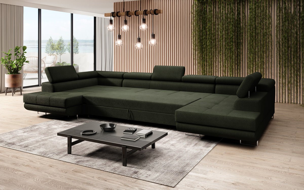 Luxuriöses Designer Sofa Taormina mit Schlaffunktion, Klappfunktion & Stauraum in Bouclé