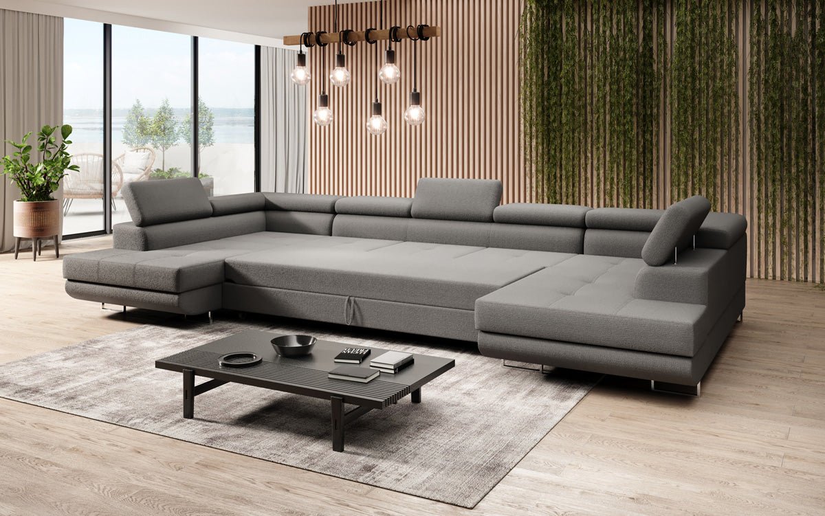 Luxuriöses Designer Sofa Taormina mit Schlaffunktion, Klappfunktion & Stauraum in Bouclé