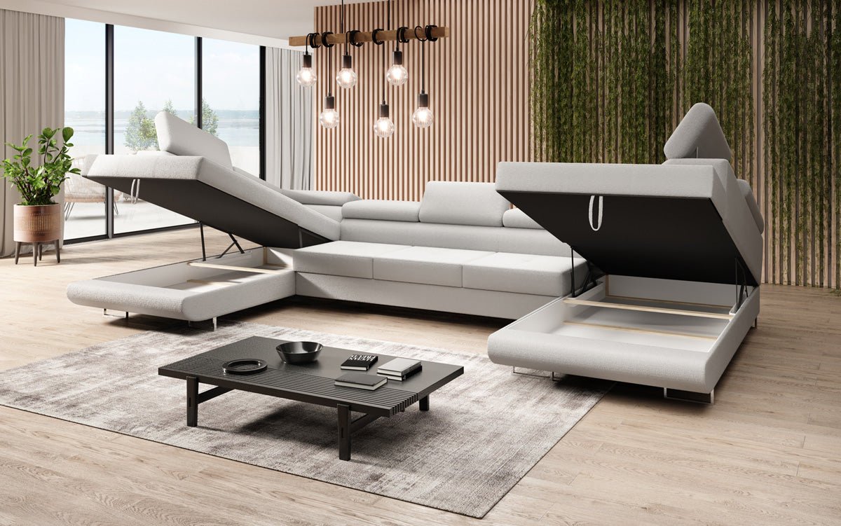 Luxuriöses Designer Sofa Taormina mit Schlaffunktion, Klappfunktion & Stauraum in Bouclé