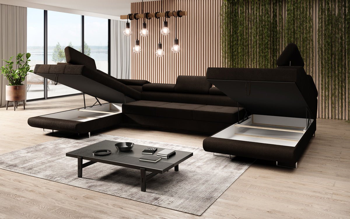 Luxuriöses Designer Sofa Taormina mit Schlaffunktion, Klappfunktion & Stauraum in Bouclé