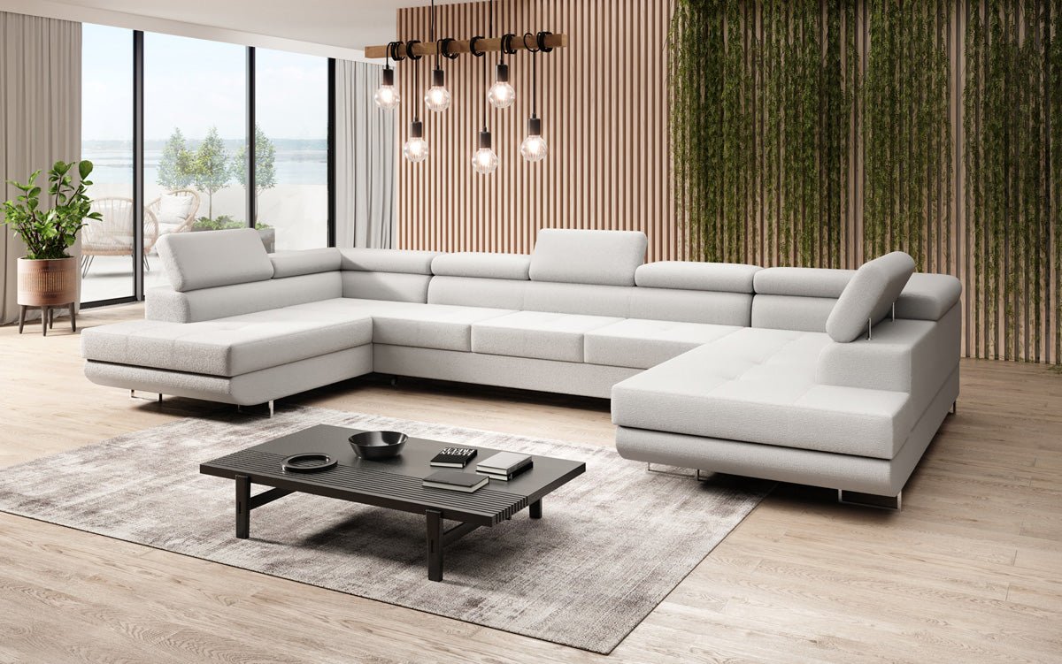 Luxuriöses Designer Sofa Taormina mit Schlaffunktion, Klappfunktion & Stauraum in Bouclé