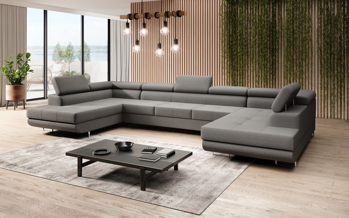 Luxuriöses Designer Sofa Taormina mit Schlaffunktion, Klappfunktion & Stauraum in Bouclé