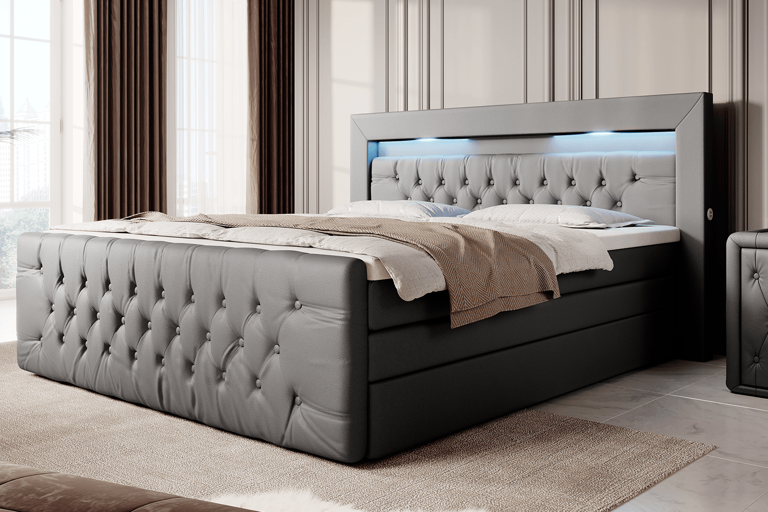 Sonno Luxus Boxspringbett mit RGB-Beleuchtung, USB-Anschluss und Praktischem Stauraum