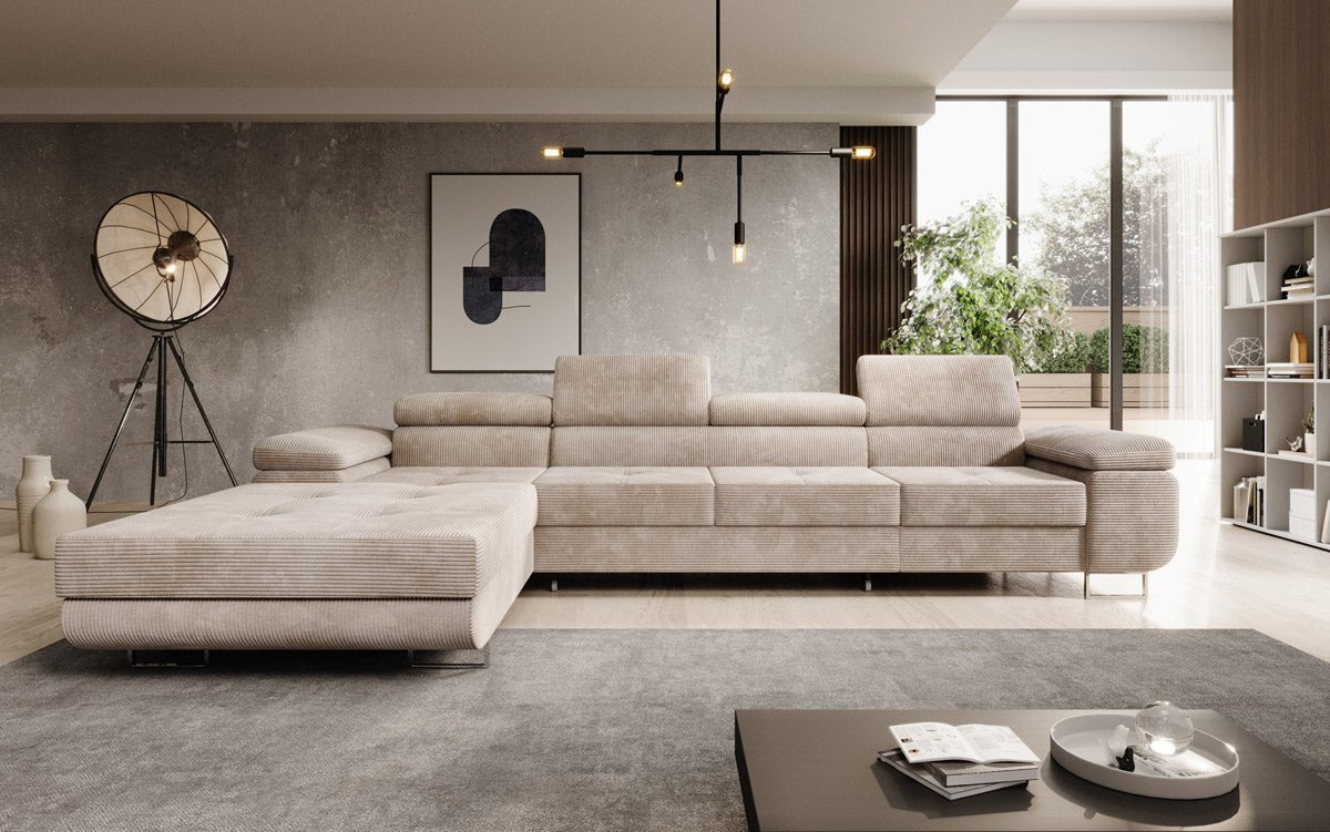 Luxuriöses Designer Sofa Calvera Maxi mit Schlaf- und Klappfunktion, Cord Bezug