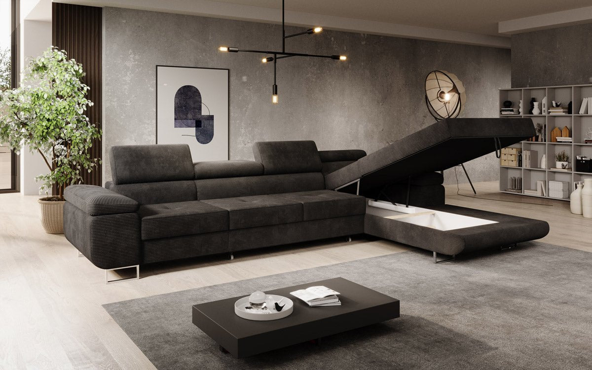 Luxuriöses Designer Sofa Calvera Maxi mit Schlaf- und Klappfunktion, Cord Bezug