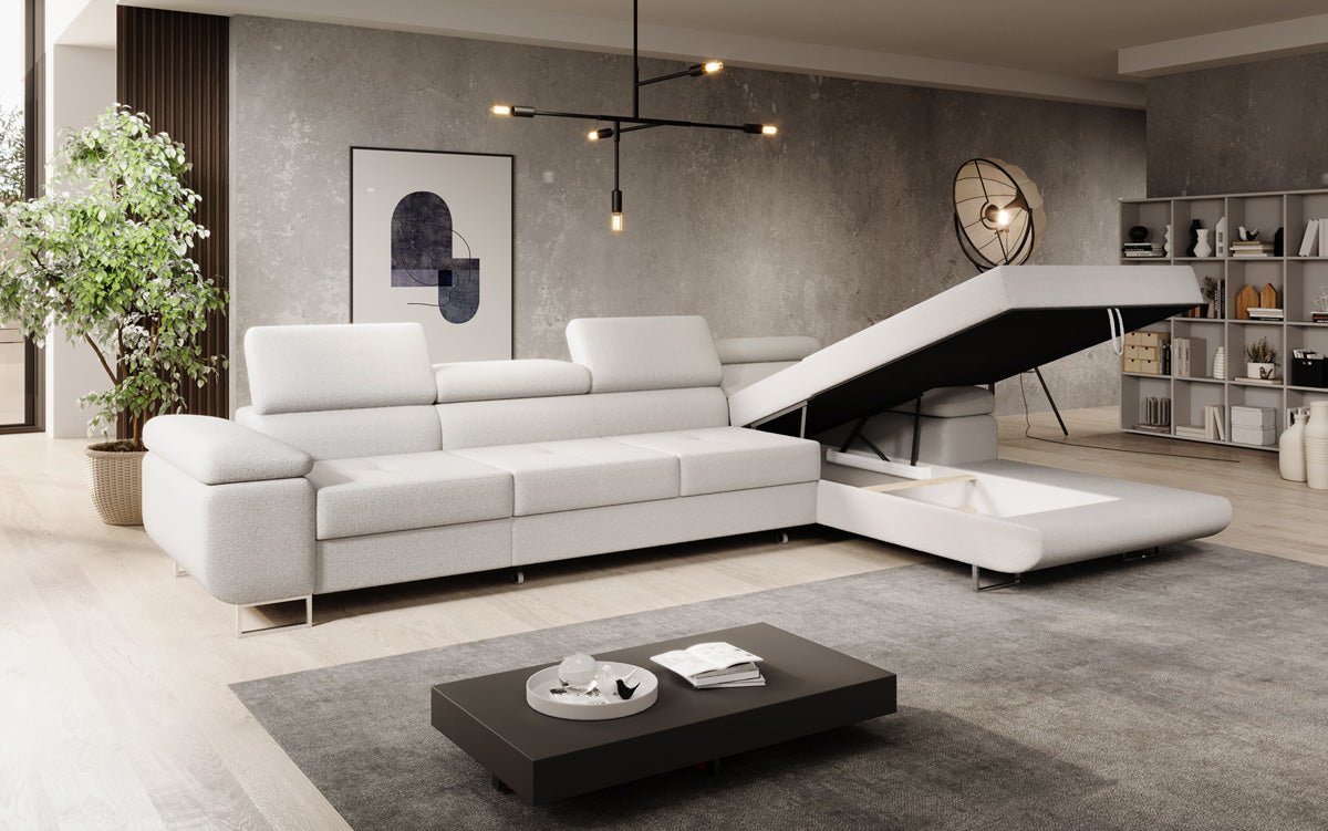 Elegantes Calvera Maxi Bouclé Ecksofa mit Schlaf- und Stauraumfunktion