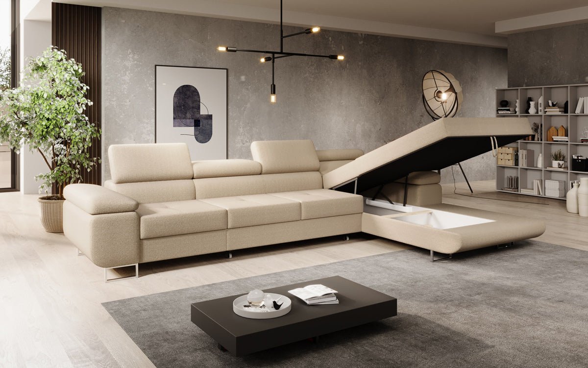 Elegantes Calvera Maxi Bouclé Ecksofa mit Schlaf- und Stauraumfunktion