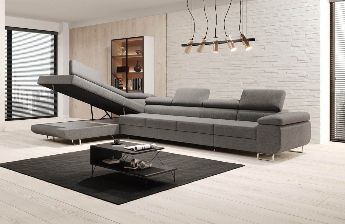 Designer Bouclé Schlafsofa: Großes Ecksofa mit Klappfunktion für Wohnzimmer