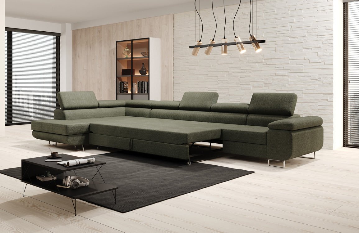 Designer Bouclé Schlafsofa: Großes Ecksofa mit Klappfunktion für Wohnzimmer