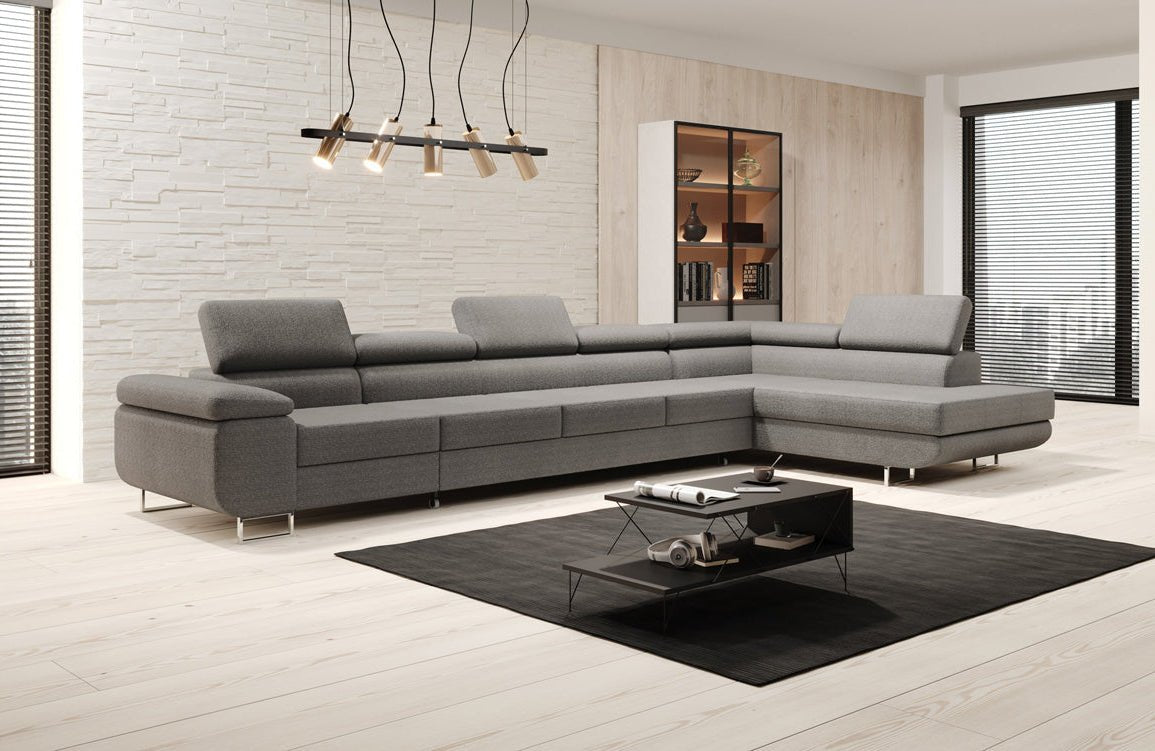 Designer Bouclé Schlafsofa: Großes Ecksofa mit Klappfunktion für Wohnzimmer