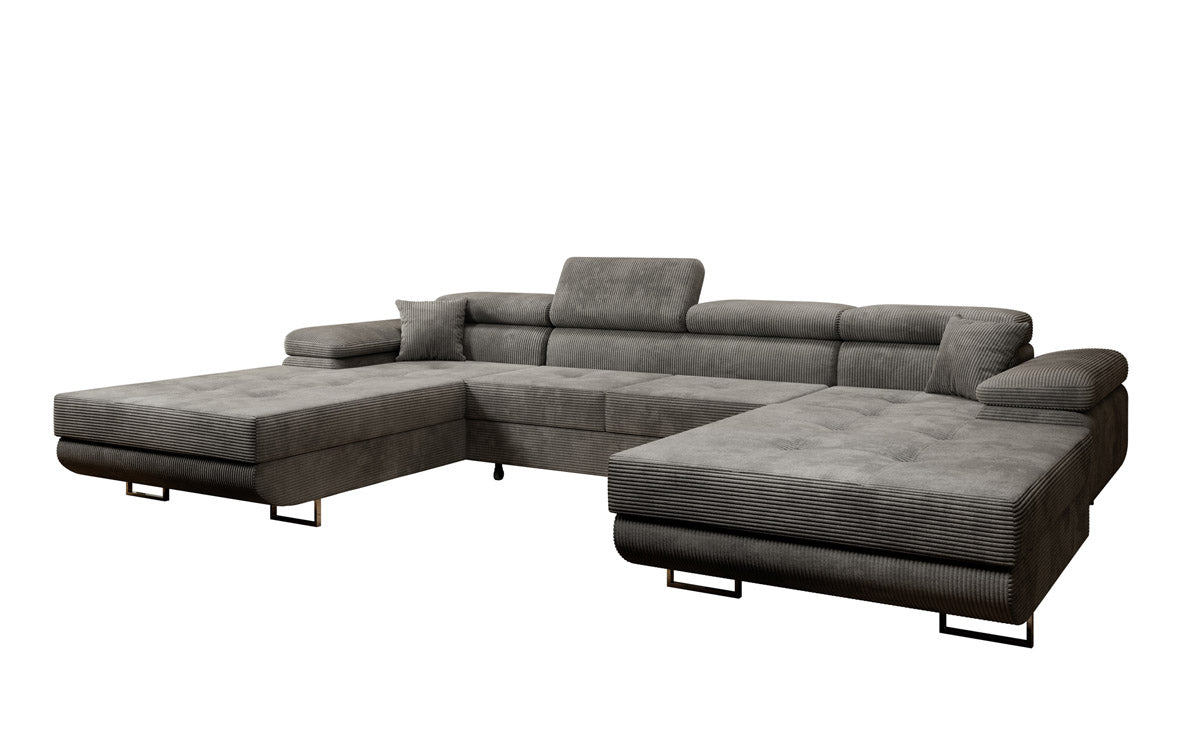 Luxuriöses Designer U-Sofa Calvera mit Schlaffunktion und Stauraum in Cordstoff