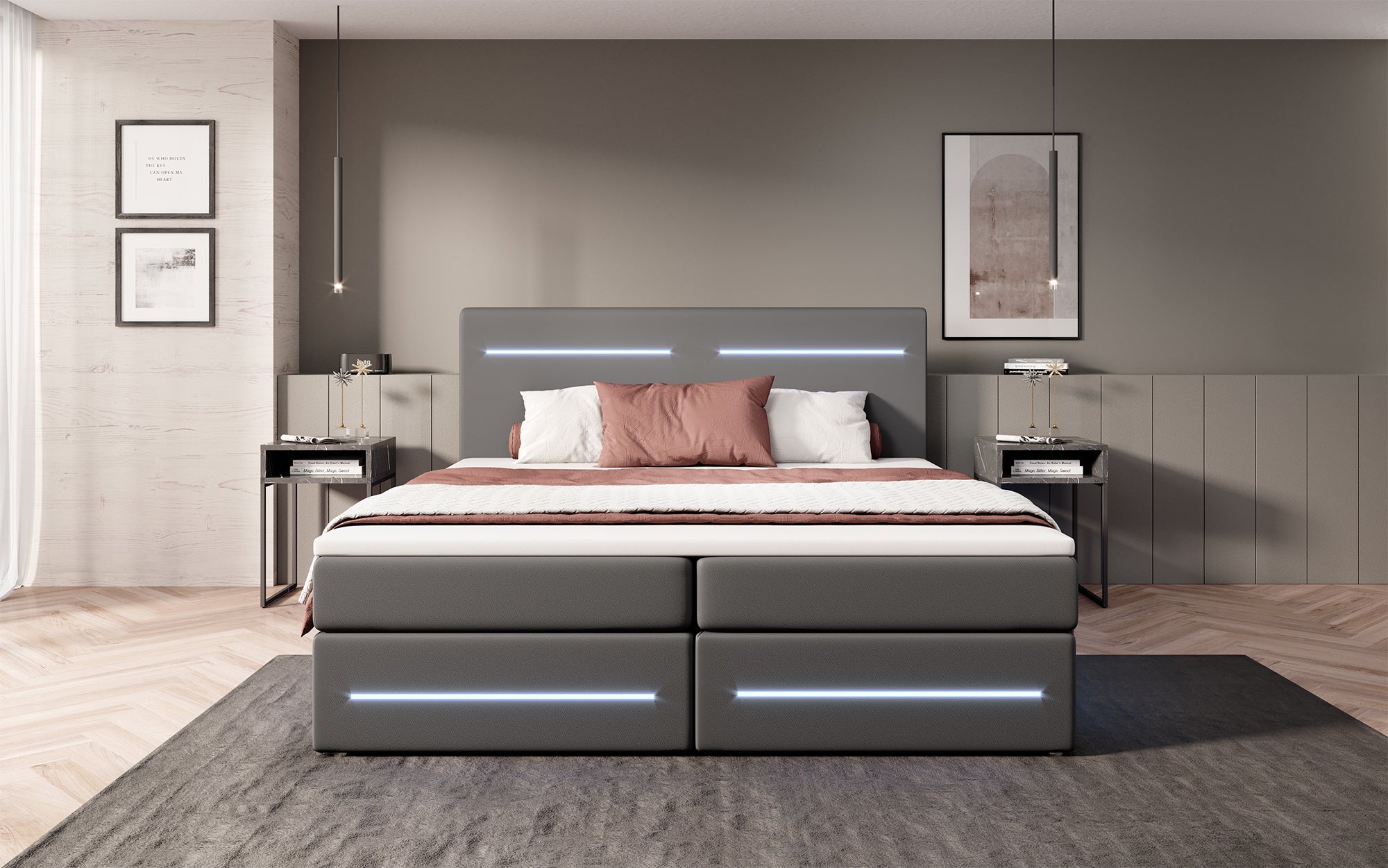 Luxuriöses Boxspringbett Evelyn mit Stauraum, LED-Beleuchtung & Kunstlederbezug für erholsamen Schlaf