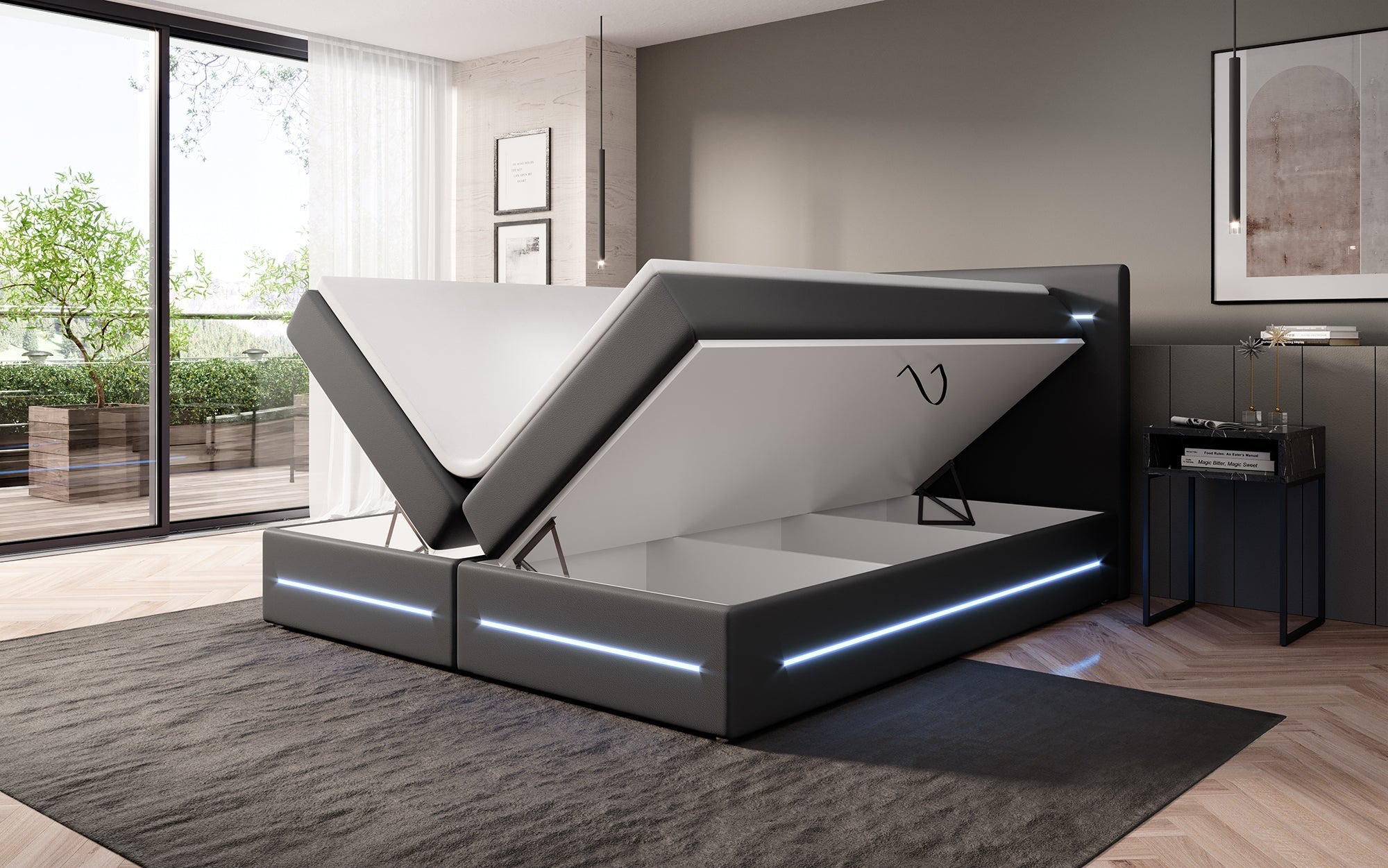 Luxuriöses Boxspringbett Evelyn mit Stauraum, LED-Beleuchtung & Kunstlederbezug für erholsamen Schlaf