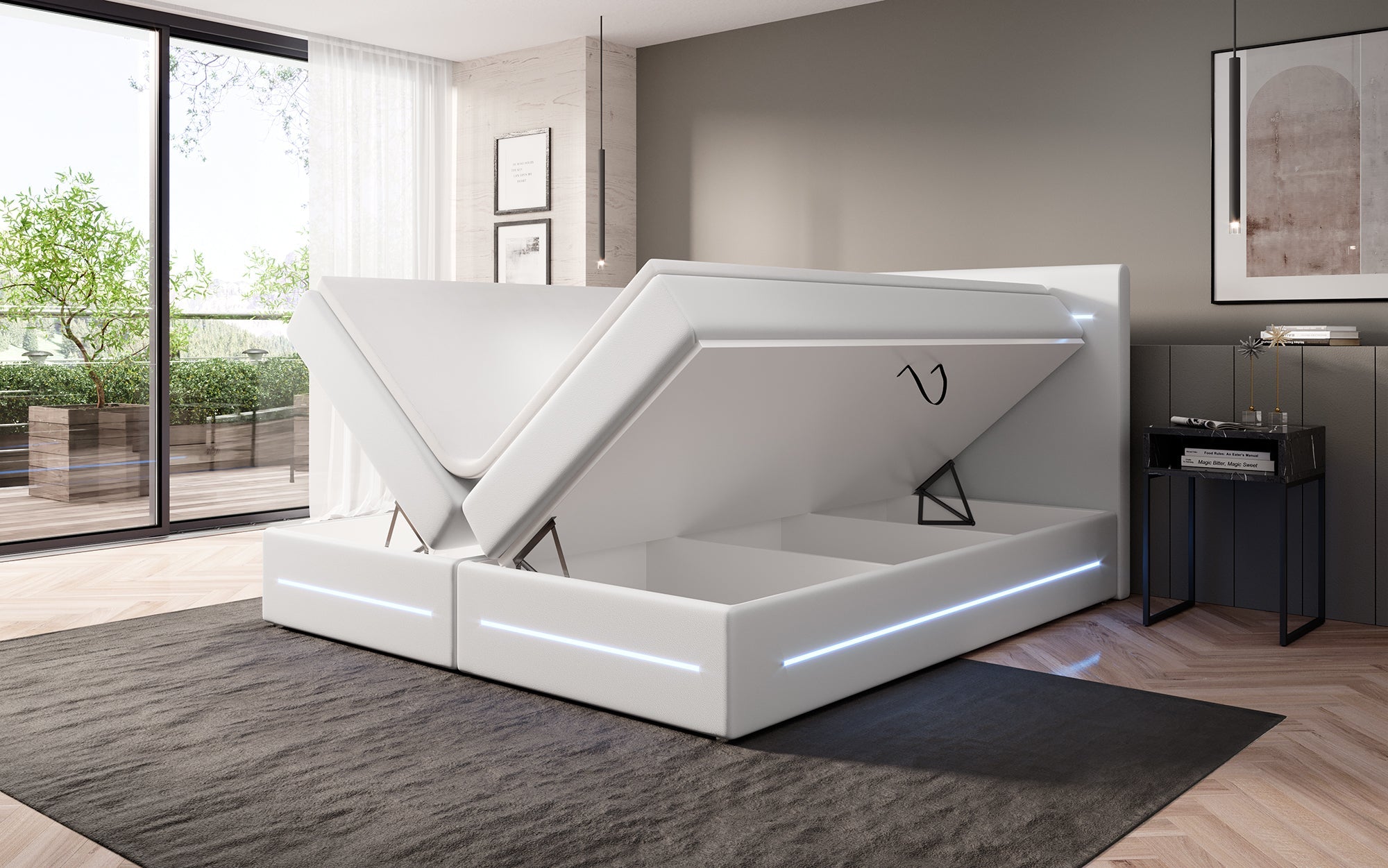 Luxuriöses Boxspringbett Evelyn mit Stauraum, LED-Beleuchtung & Kunstlederbezug für erholsamen Schlaf