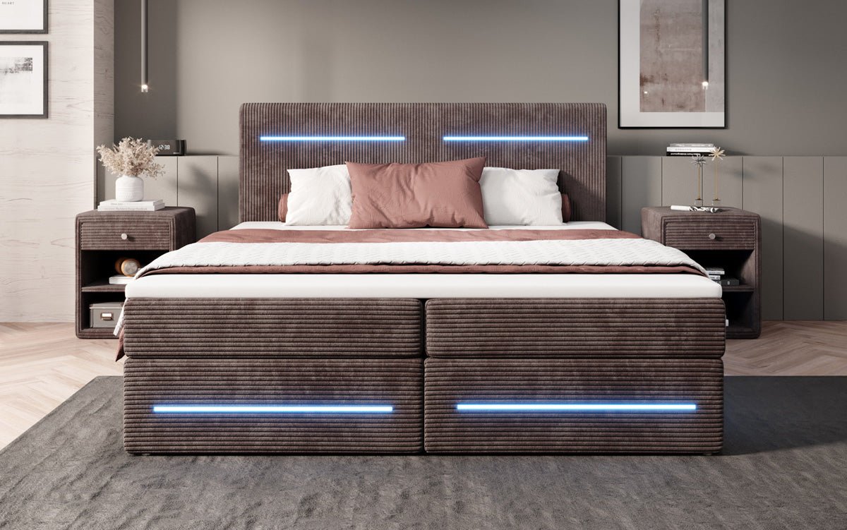 Luxuriöses Lara Boxspringbett: Samtbezug, LED-Beleuchtung, Integrierter Stauraum, Optimaler Schlafkomfort