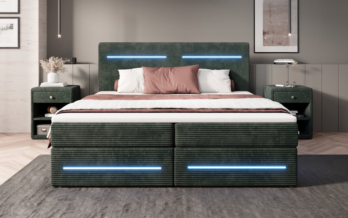 Luxuriöses Lara Boxspringbett: Samtbezug, LED-Beleuchtung, Integrierter Stauraum, Optimaler Schlafkomfort