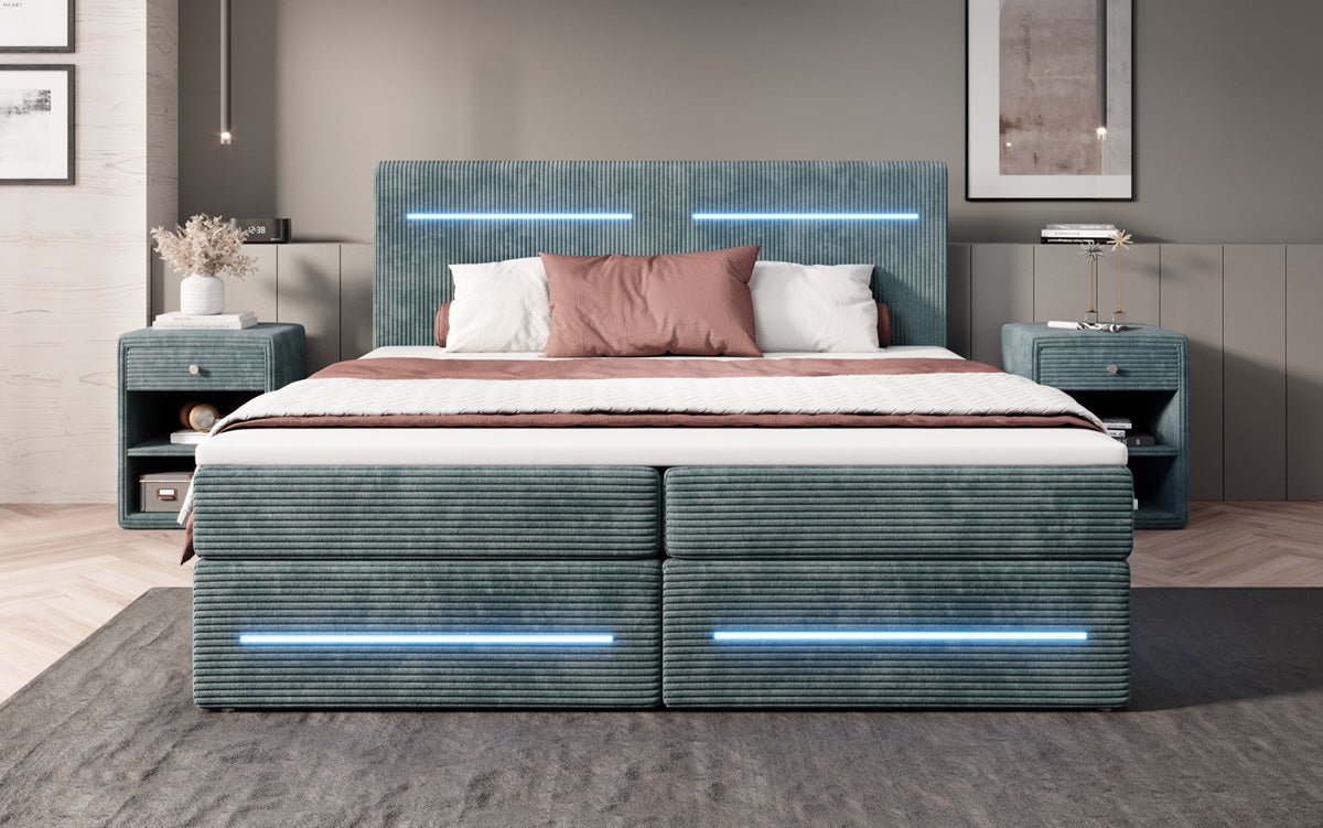 Luxuriöses Lara Boxspringbett: Samtbezug, LED-Beleuchtung, Integrierter Stauraum, Optimaler Schlafkomfort