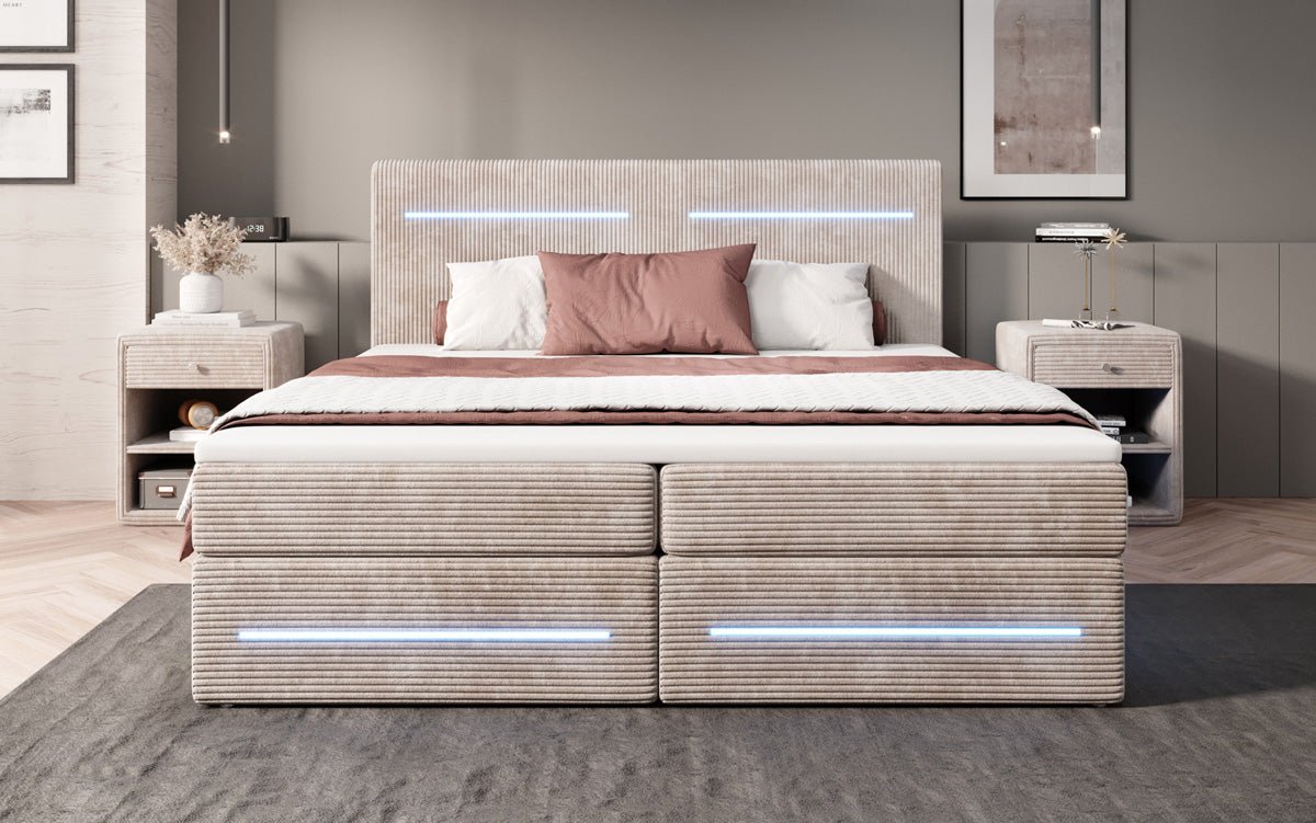 Luxuriöses Lara Boxspringbett: Samtbezug, LED-Beleuchtung, Integrierter Stauraum, Optimaler Schlafkomfort