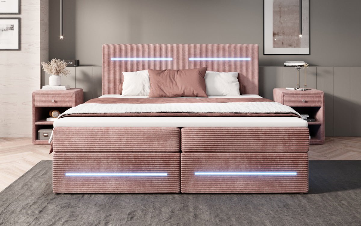 Luxuriöses Lara Boxspringbett: Samtbezug, LED-Beleuchtung, Integrierter Stauraum, Optimaler Schlafkomfort