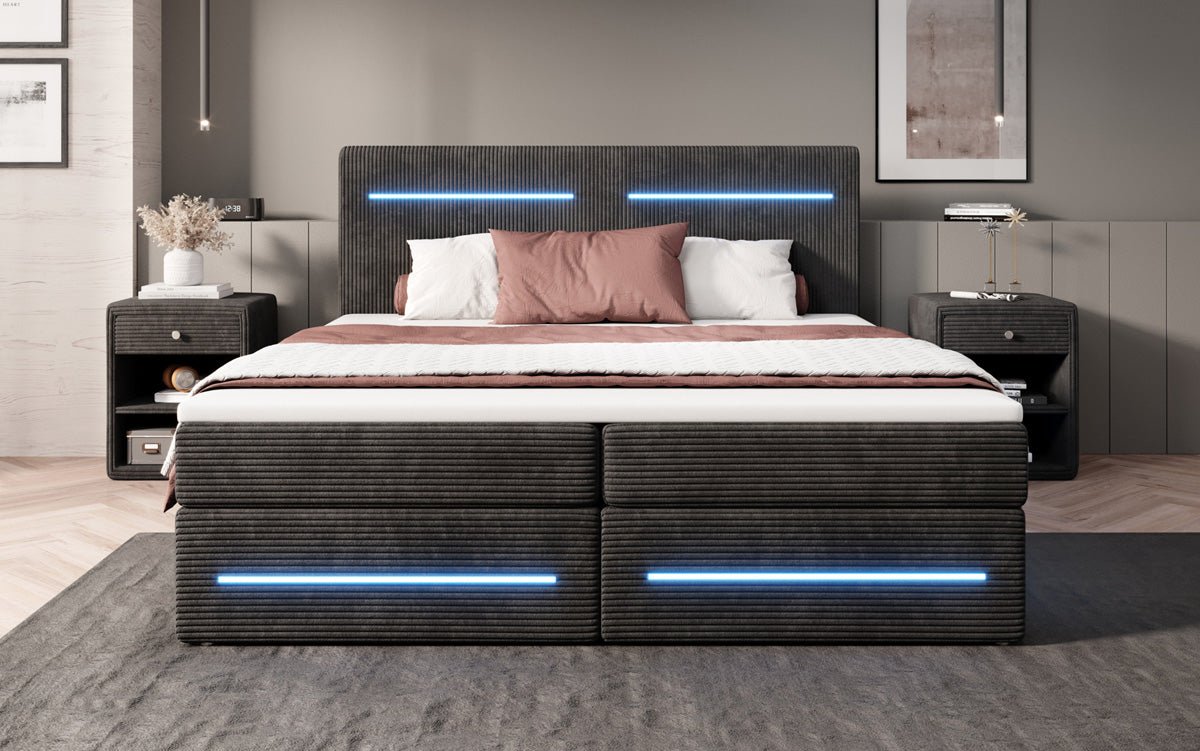 Luxuriöses Lara Boxspringbett: Samtbezug, LED-Beleuchtung, Integrierter Stauraum, Optimaler Schlafkomfort