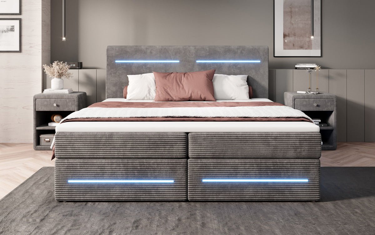 Luxuriöses Lara Boxspringbett: Samtbezug, LED-Beleuchtung, Integrierter Stauraum, Optimaler Schlafkomfort