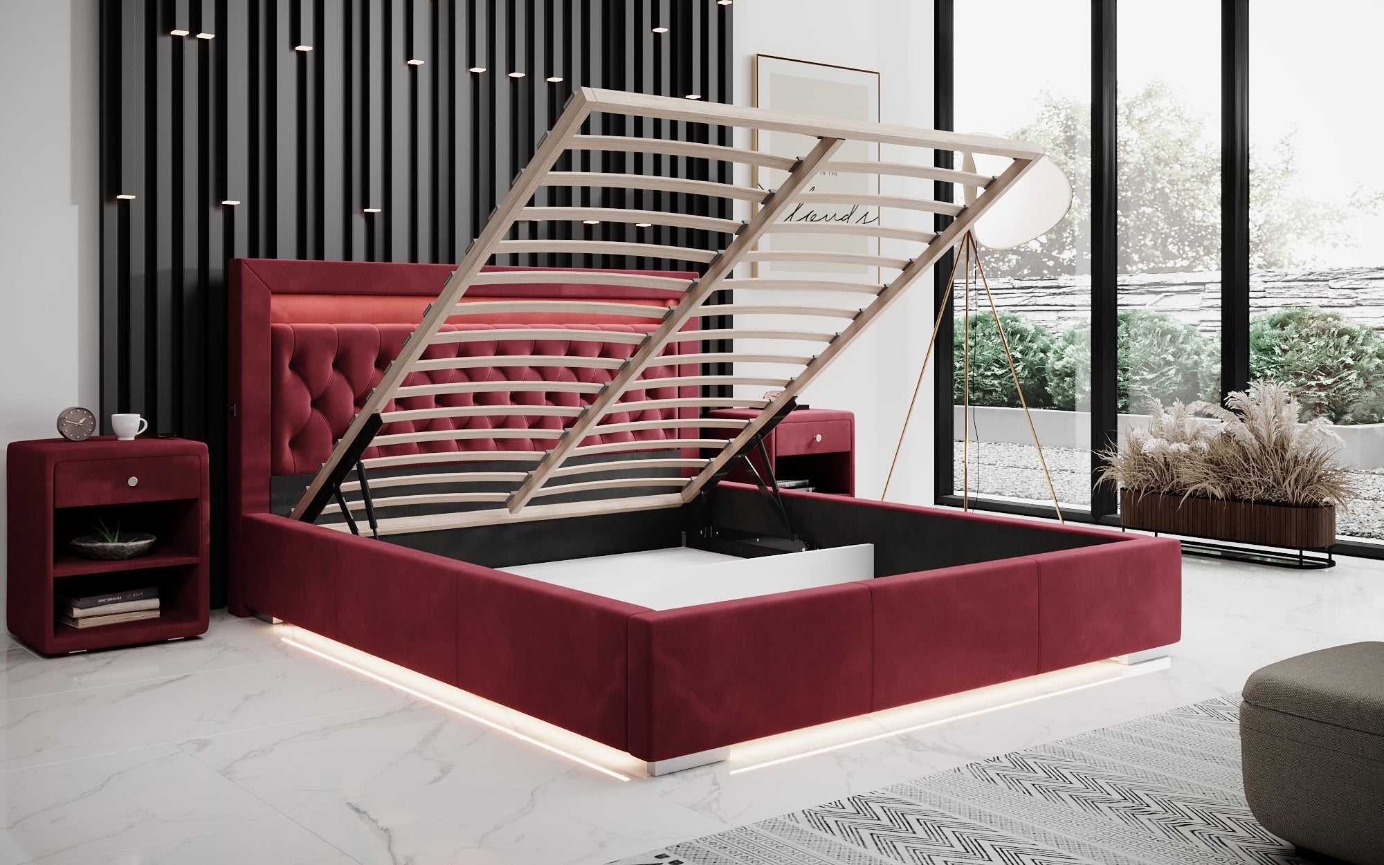 Luxuriöses Samt Polsterbett Ida mit RGB-Beleuchtung, USB-Anschluss und Stauraum