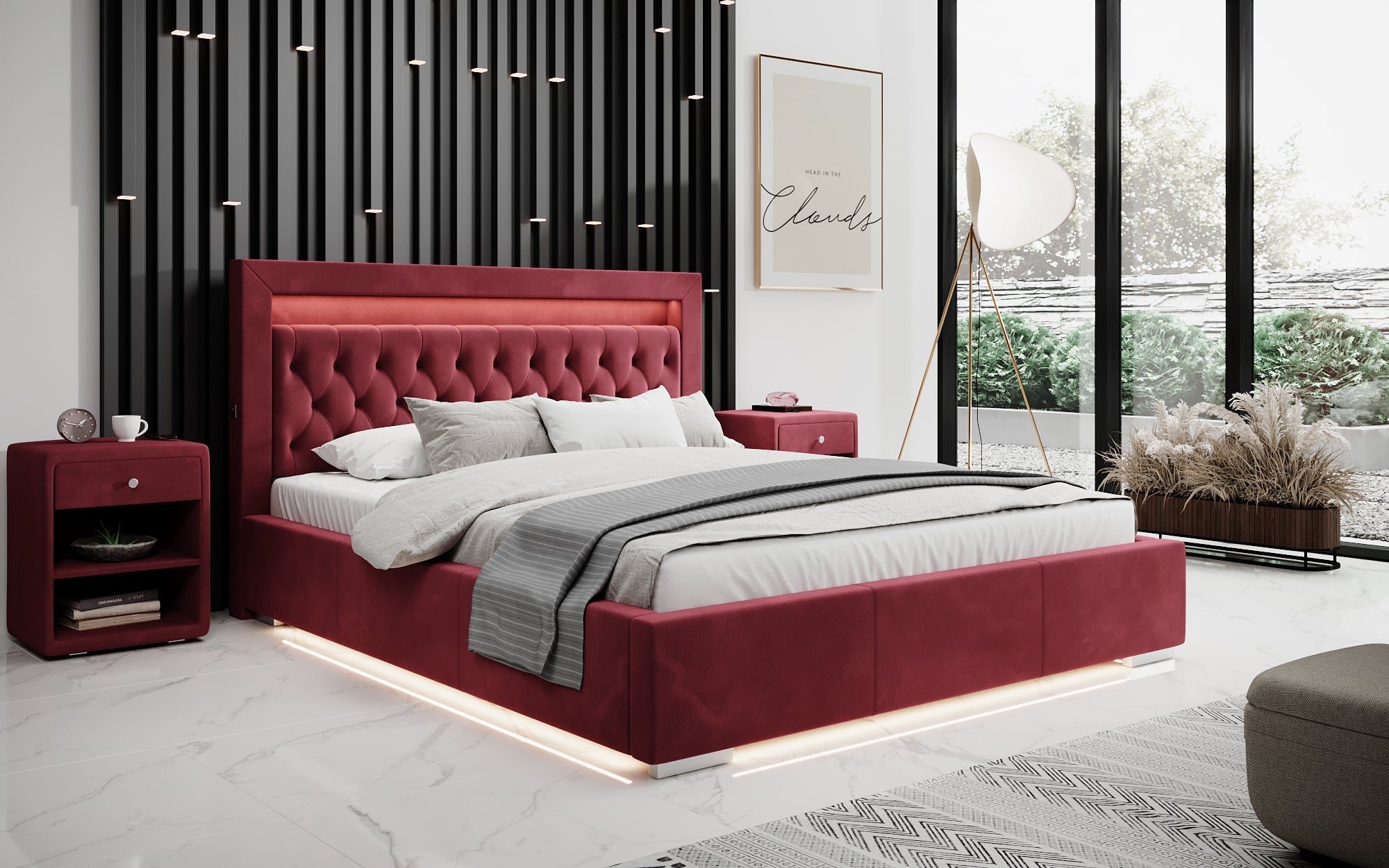 Luxuriöses Samt Polsterbett Ida mit RGB-Beleuchtung, USB-Anschluss und Stauraum