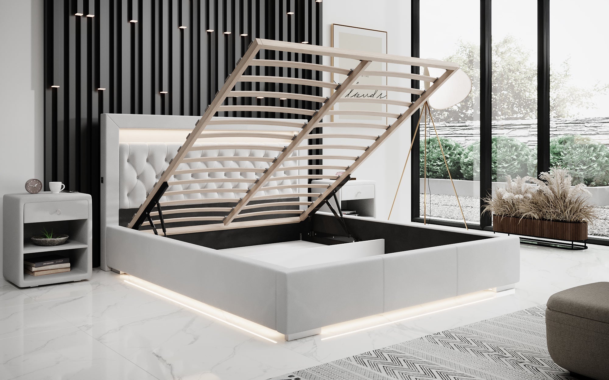 Luxuriöses Samt Polsterbett Ida mit RGB-Beleuchtung, USB-Anschluss und Stauraum