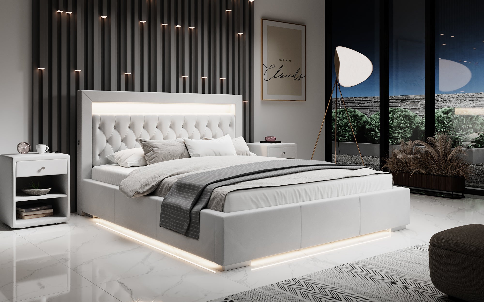 Luxuriöses Samt Polsterbett Ida mit RGB-Beleuchtung, USB-Anschluss und Stauraum