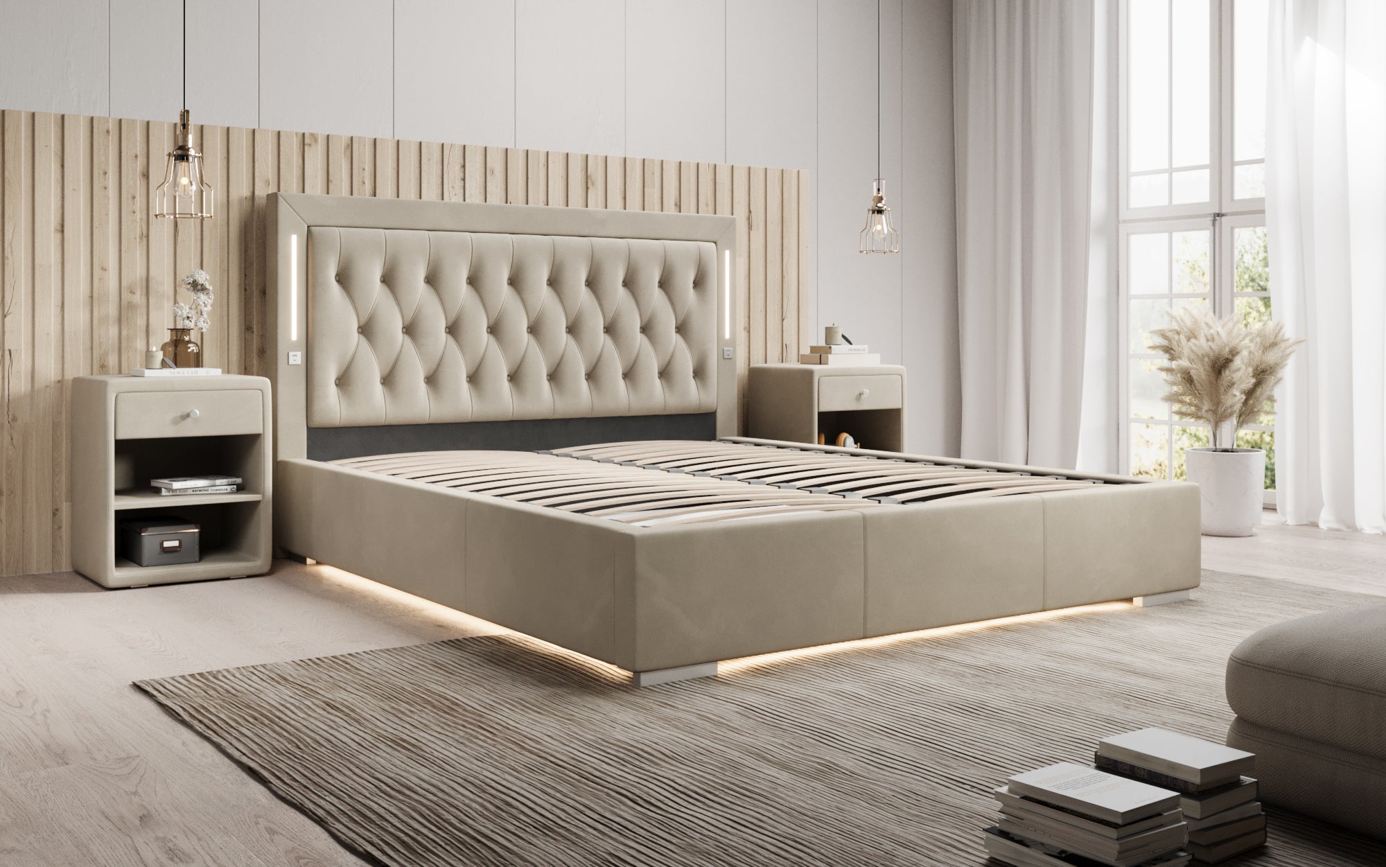 Luxuriöses Designer-Polsterbett Relina: Samt, RGB-Beleuchtung, USB & Geräumiger Stauraum