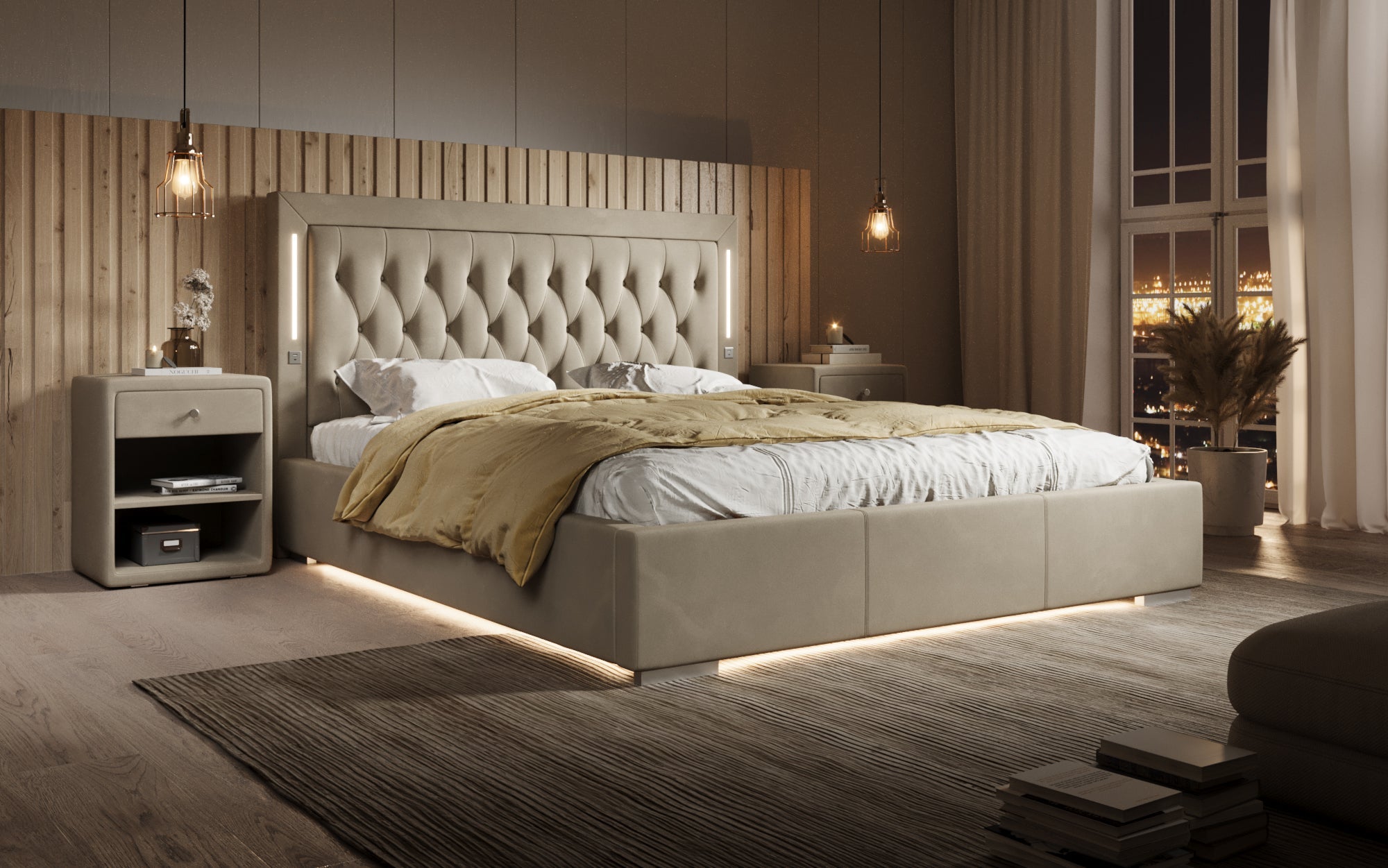 Luxuriöses Designer-Polsterbett Relina: Samt, RGB-Beleuchtung, USB & Geräumiger Stauraum