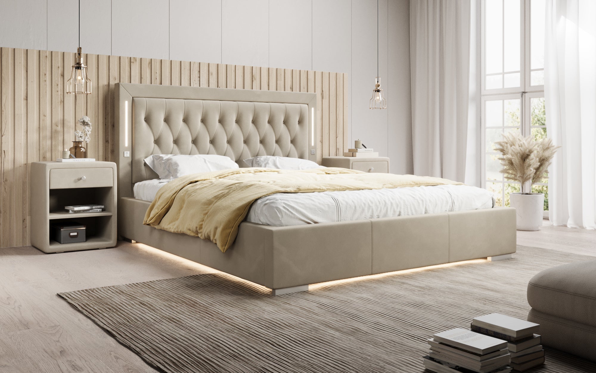 Luxuriöses Designer-Polsterbett Relina: Samt, RGB-Beleuchtung, USB & Geräumiger Stauraum