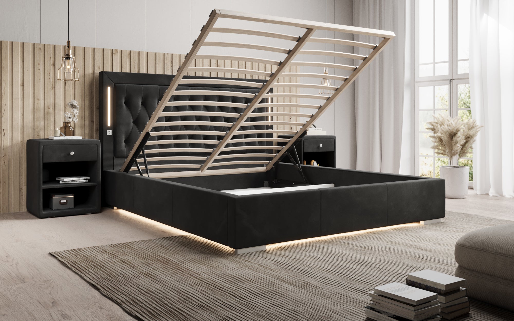 Luxuriöses Designer-Polsterbett Relina: Samt, RGB-Beleuchtung, USB & Geräumiger Stauraum