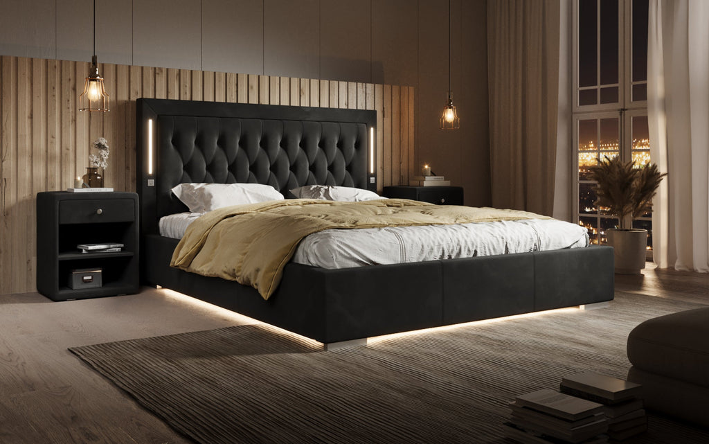 Luxuriöses Designer-Polsterbett Relina: Samt, RGB-Beleuchtung, USB & Geräumiger Stauraum