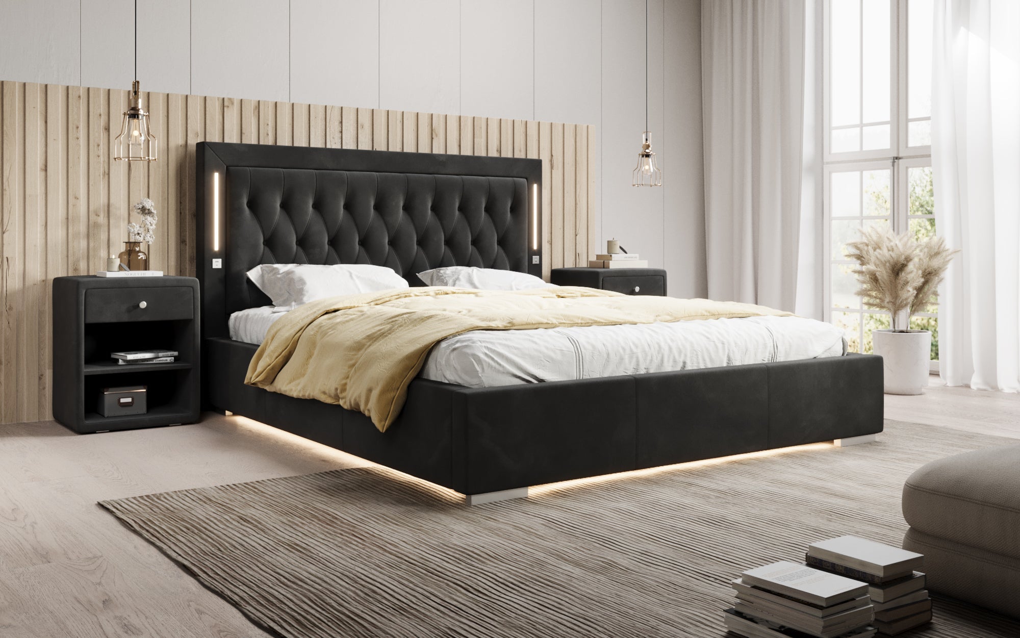 Luxuriöses Designer-Polsterbett Relina: Samt, RGB-Beleuchtung, USB & Geräumiger Stauraum