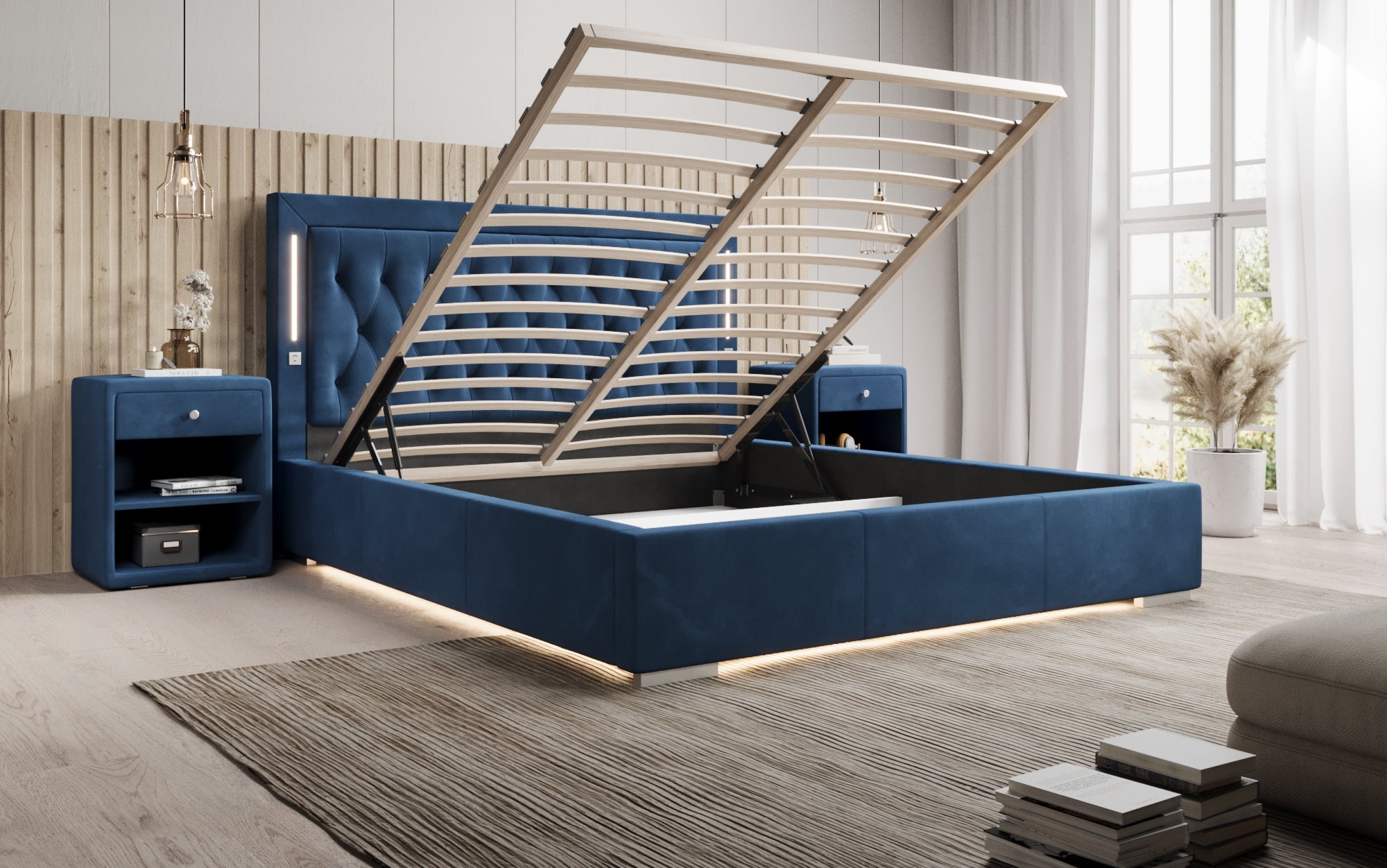 Luxuriöses Designer-Polsterbett Relina: Samt, RGB-Beleuchtung, USB & Geräumiger Stauraum