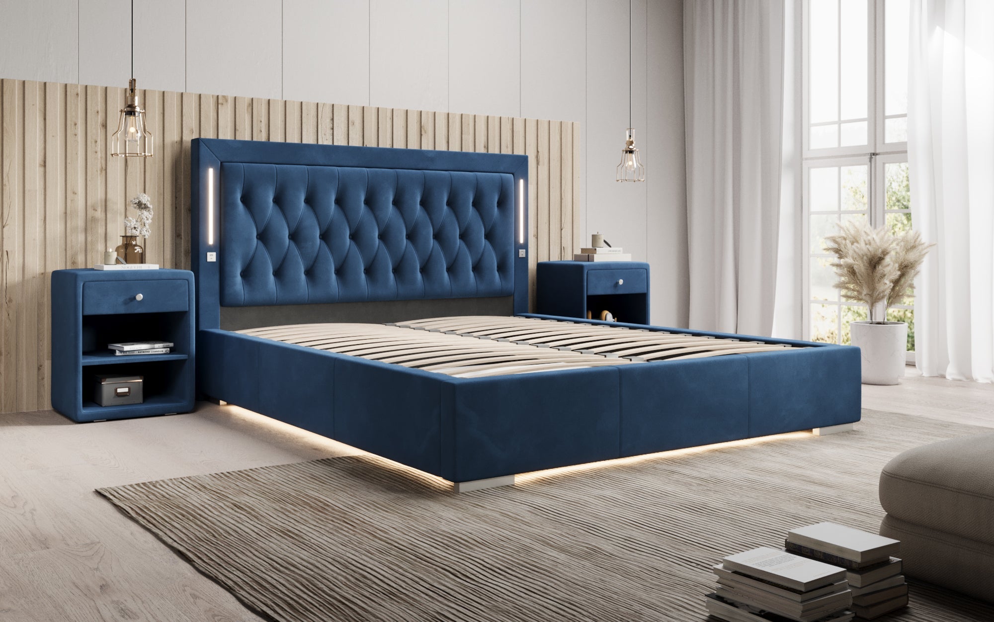 Luxuriöses Designer-Polsterbett Relina: Samt, RGB-Beleuchtung, USB & Geräumiger Stauraum