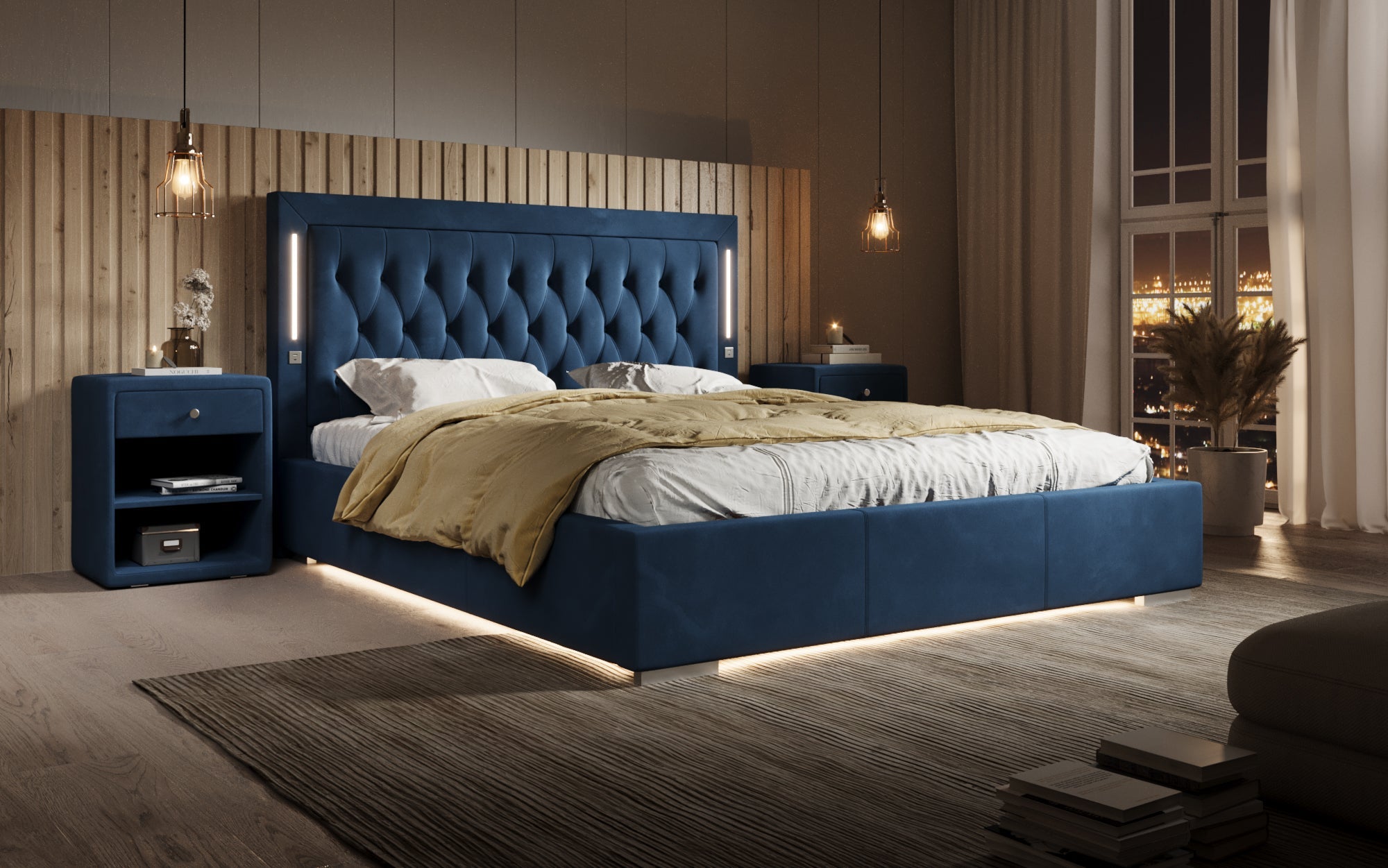 Luxuriöses Designer-Polsterbett Relina: Samt, RGB-Beleuchtung, USB & Geräumiger Stauraum