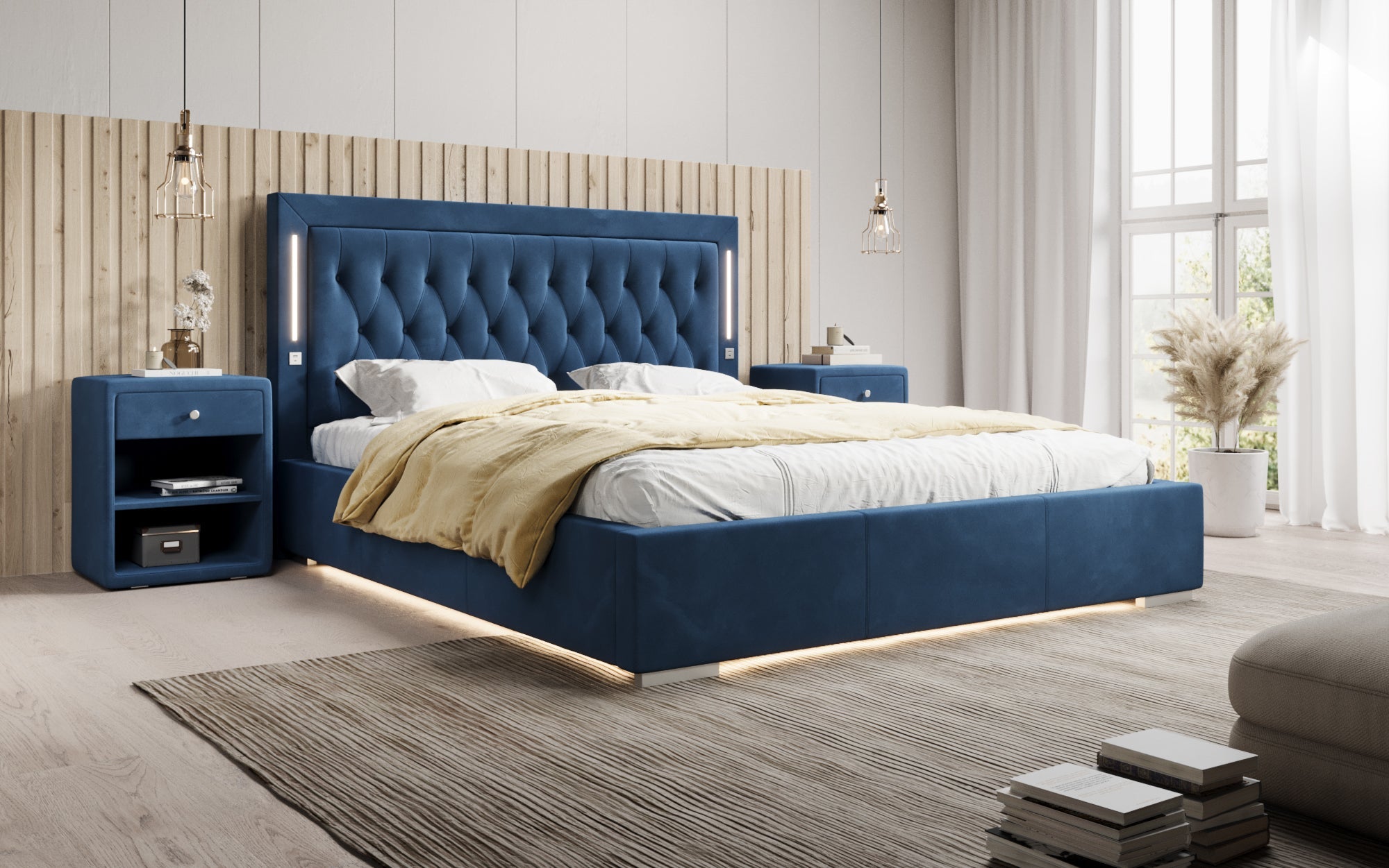 Luxuriöses Designer-Polsterbett Relina: Samt, RGB-Beleuchtung, USB & Geräumiger Stauraum
