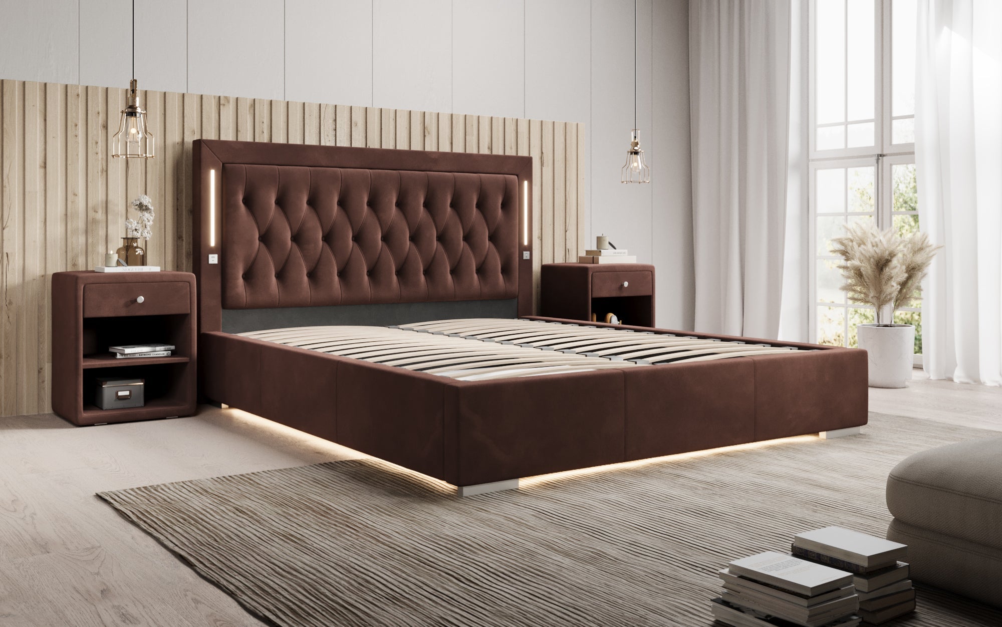 Luxuriöses Designer-Polsterbett Relina: Samt, RGB-Beleuchtung, USB & Geräumiger Stauraum