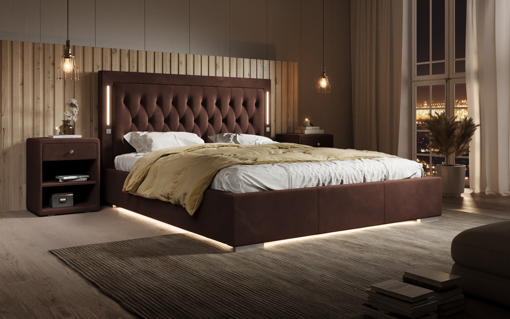 Luxuriöses Designer-Polsterbett Relina: Samt, RGB-Beleuchtung, USB & Geräumiger Stauraum