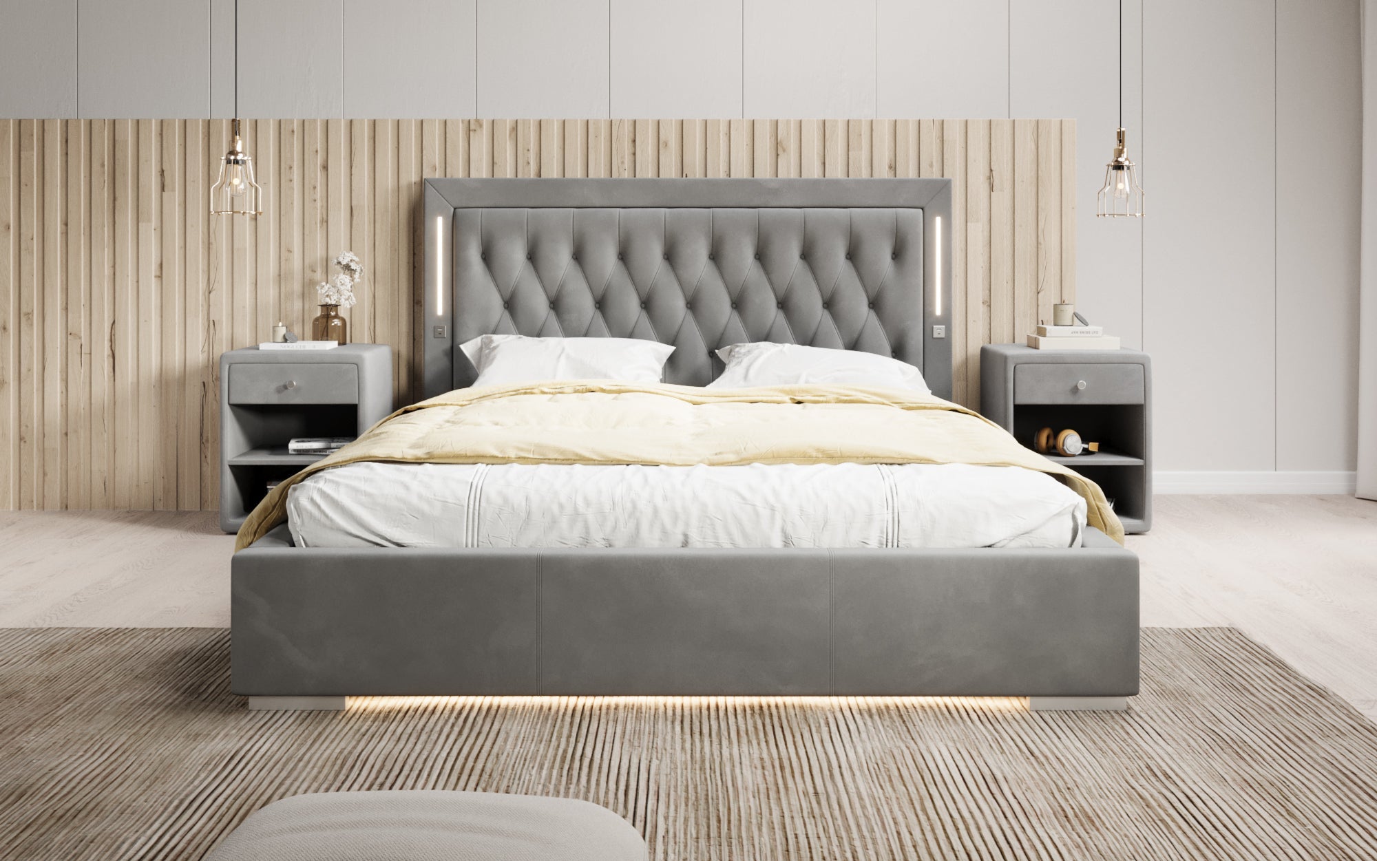 Luxuriöses Designer-Polsterbett Relina: Samt, RGB-Beleuchtung, USB & Geräumiger Stauraum