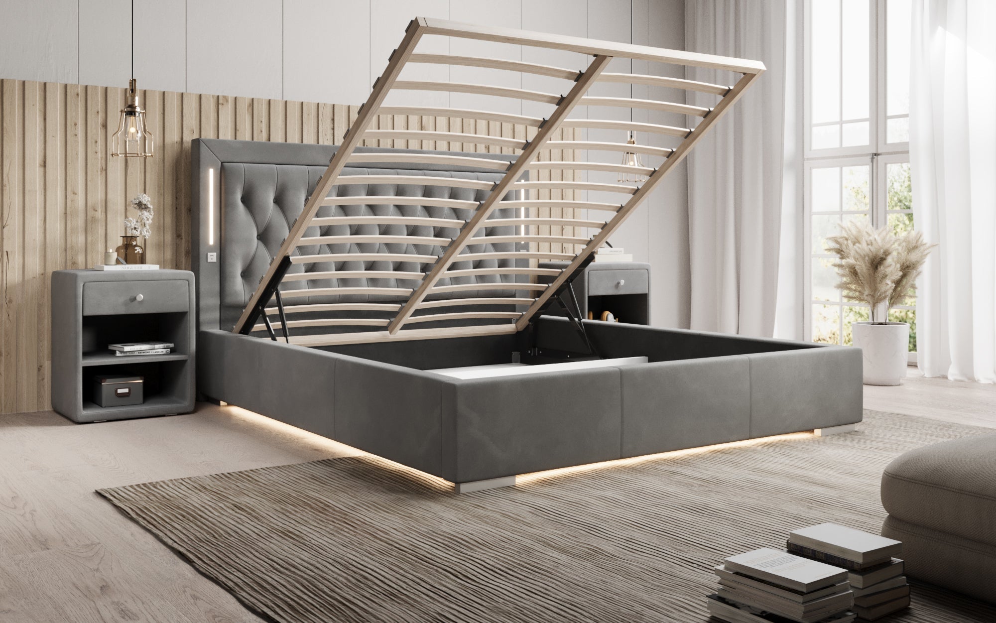 Luxuriöses Designer-Polsterbett Relina: Samt, RGB-Beleuchtung, USB & Geräumiger Stauraum