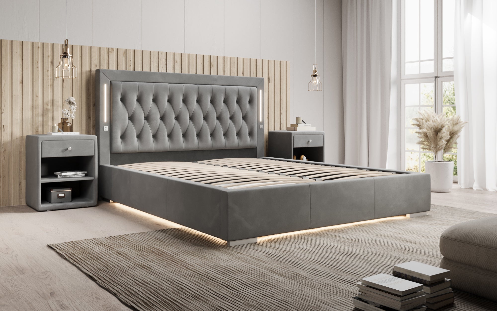 Luxuriöses Designer-Polsterbett Relina: Samt, RGB-Beleuchtung, USB & Geräumiger Stauraum