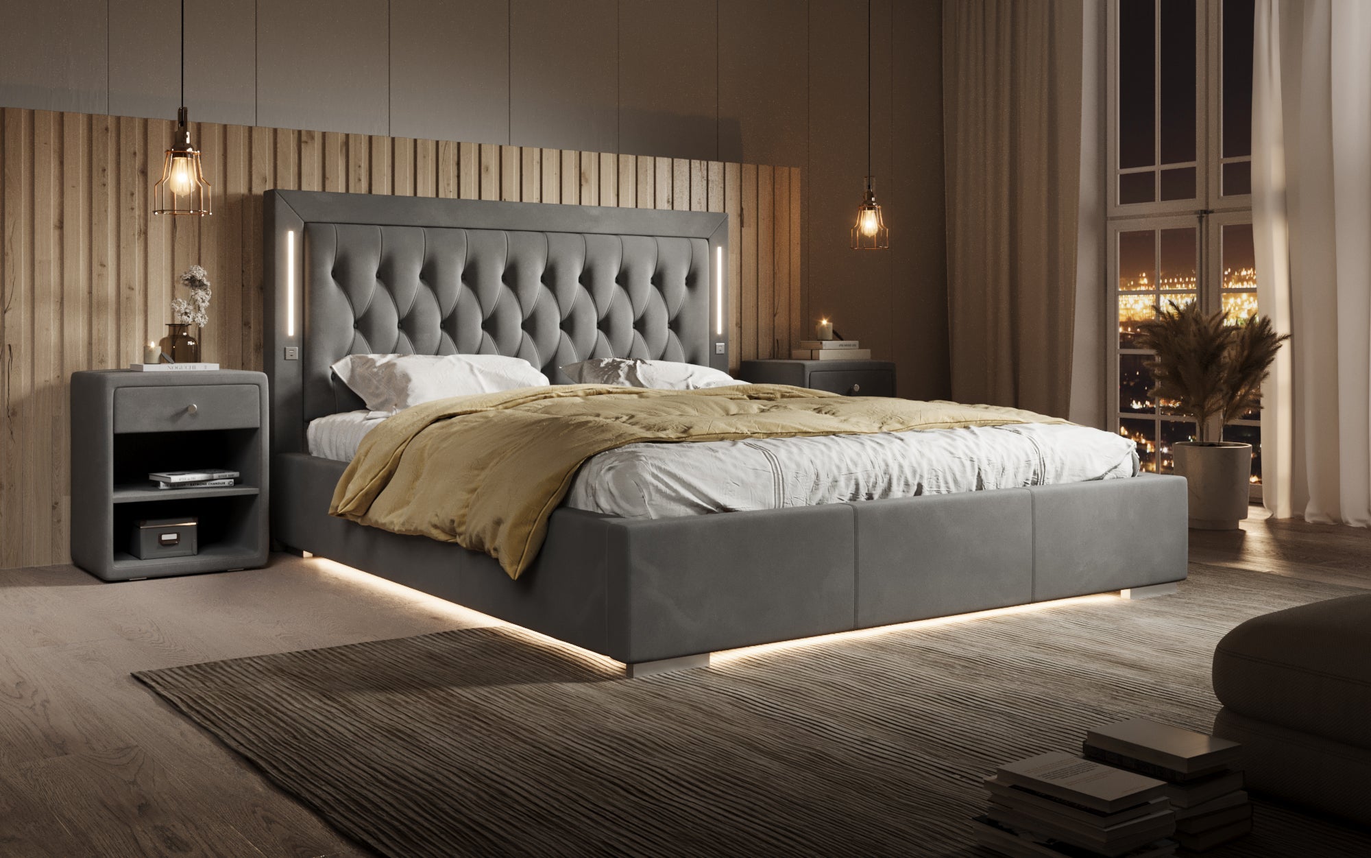Luxuriöses Designer-Polsterbett Relina: Samt, RGB-Beleuchtung, USB & Geräumiger Stauraum