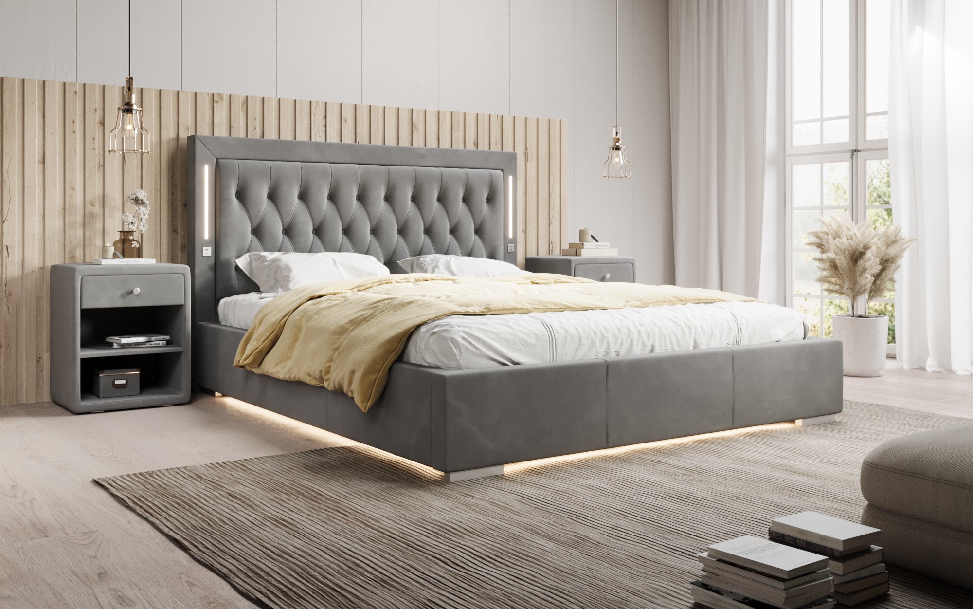 Luxuriöses Designer-Polsterbett Relina: Samt, RGB-Beleuchtung, USB & Geräumiger Stauraum