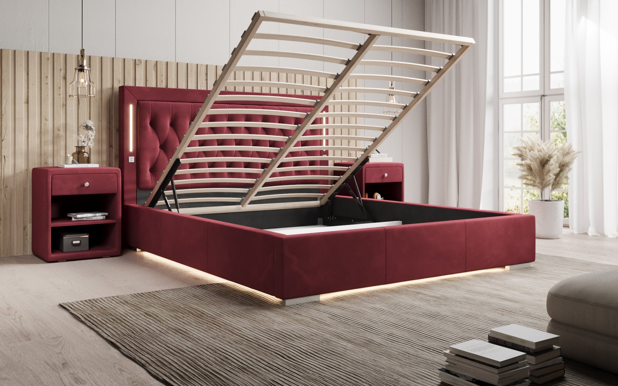 Luxuriöses Designer-Polsterbett Relina: Samt, RGB-Beleuchtung, USB & Geräumiger Stauraum