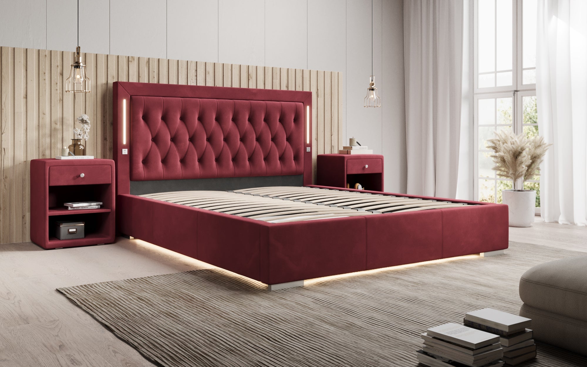 Luxuriöses Designer-Polsterbett Relina: Samt, RGB-Beleuchtung, USB & Geräumiger Stauraum