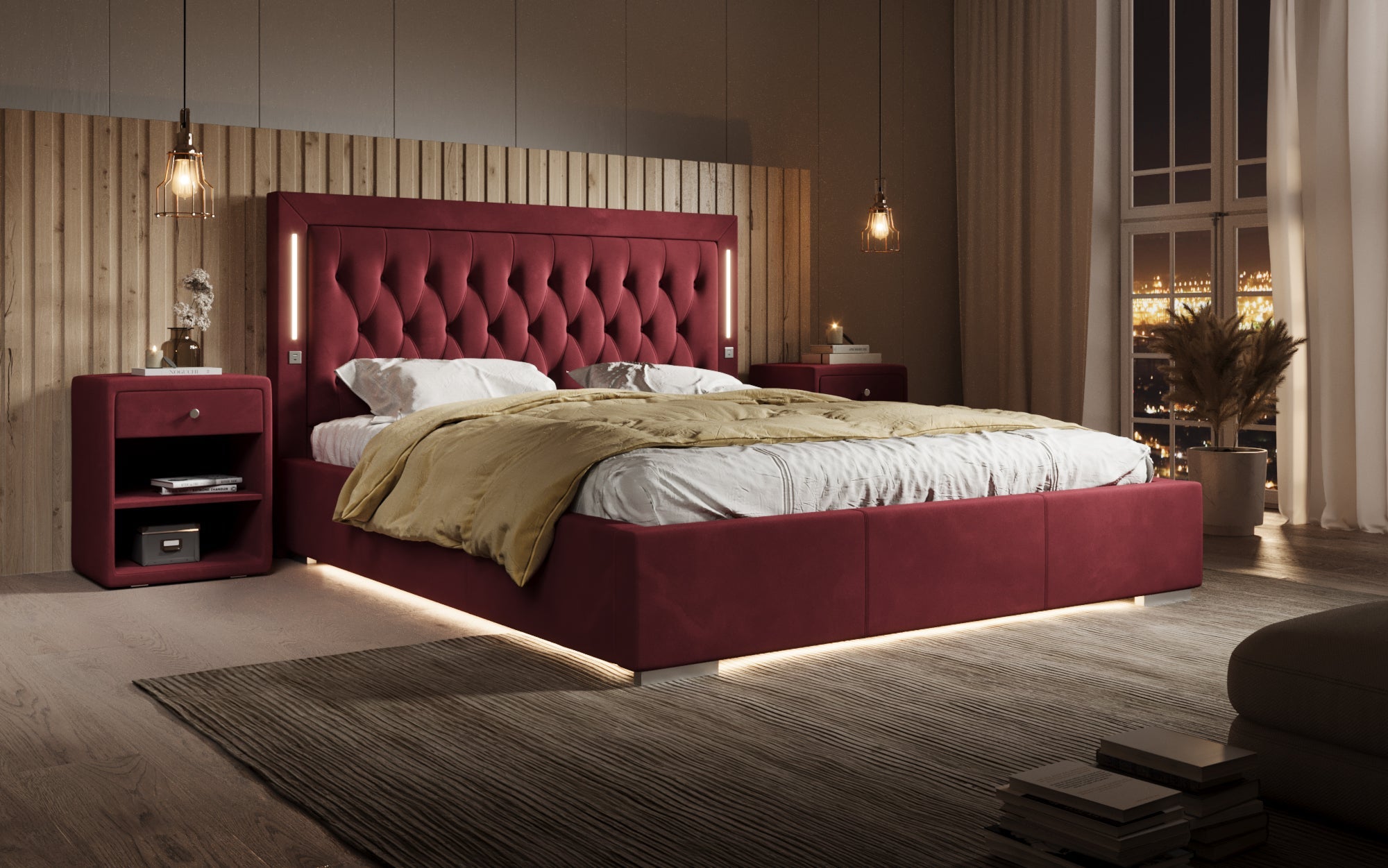 Luxuriöses Designer-Polsterbett Relina: Samt, RGB-Beleuchtung, USB & Geräumiger Stauraum