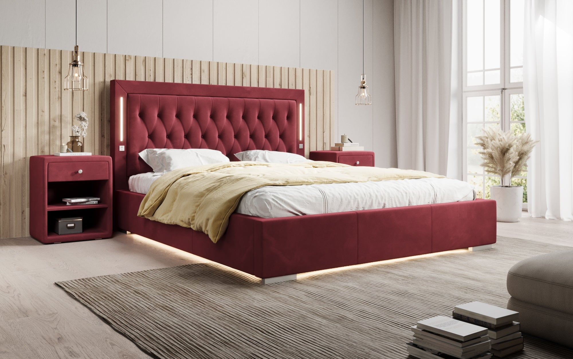 Luxuriöses Designer-Polsterbett Relina: Samt, RGB-Beleuchtung, USB & Geräumiger Stauraum